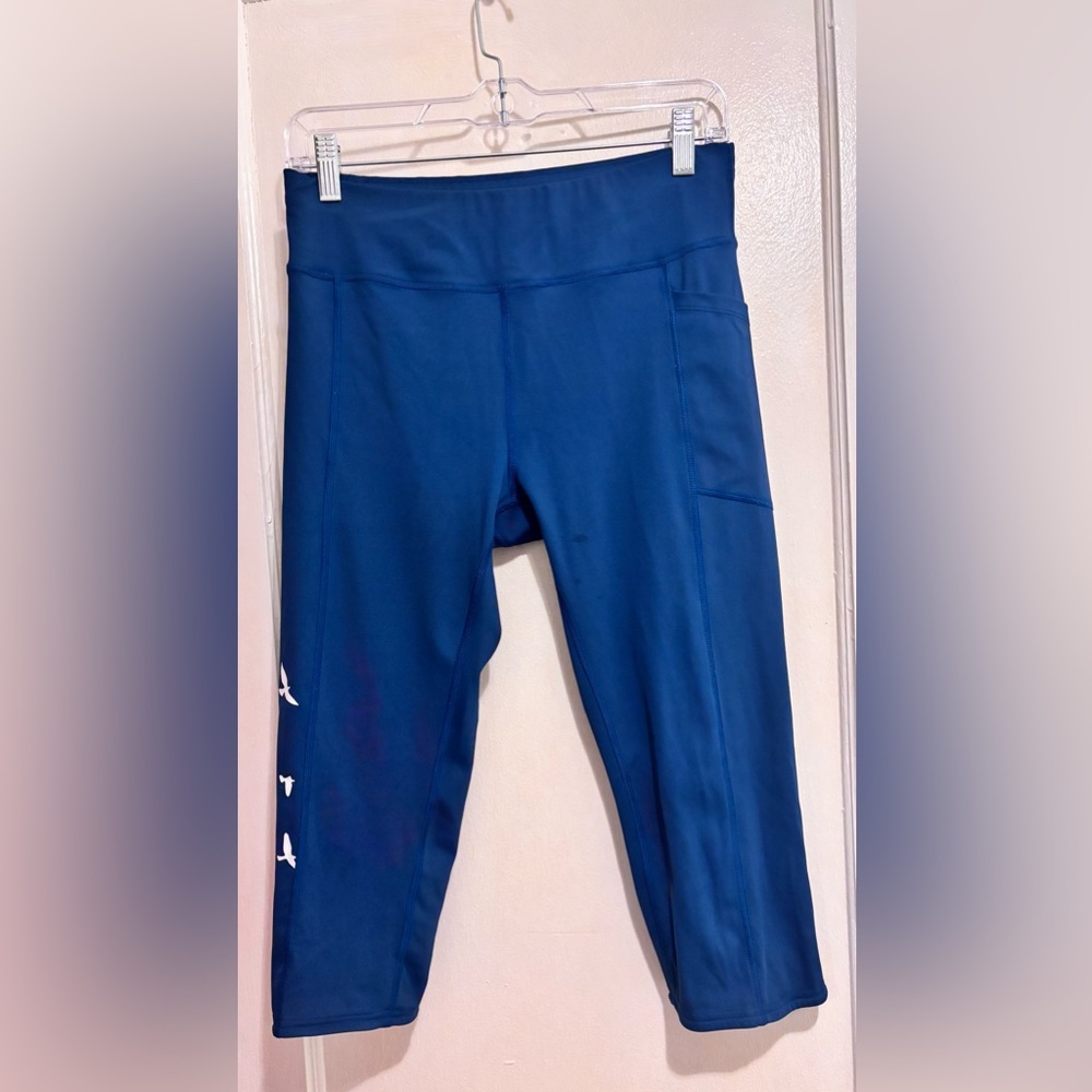 Oiselle Women’s Size 10 Blue Running Capri Leggings Side Pocket Bird Print